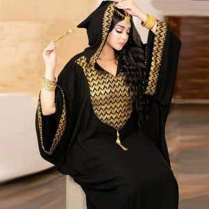 Chiffon kaftan maxi dress with gold sequin chevron yoke, batwing sleeves and beaded tassel