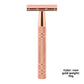 Rose gold double edge safety razor with knurled handle, marked at 55 gram weight