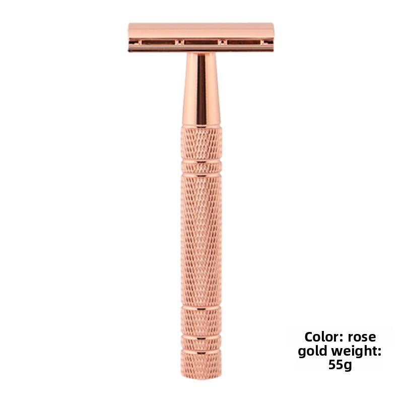 Rose gold double edge safety razor with knurled handle, marked at 55 gram weight