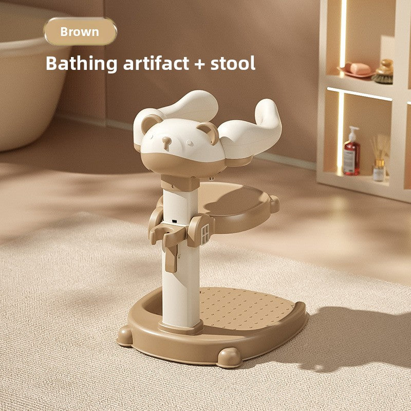 Baby bath support shown with its base tray, seat ring and shower parts