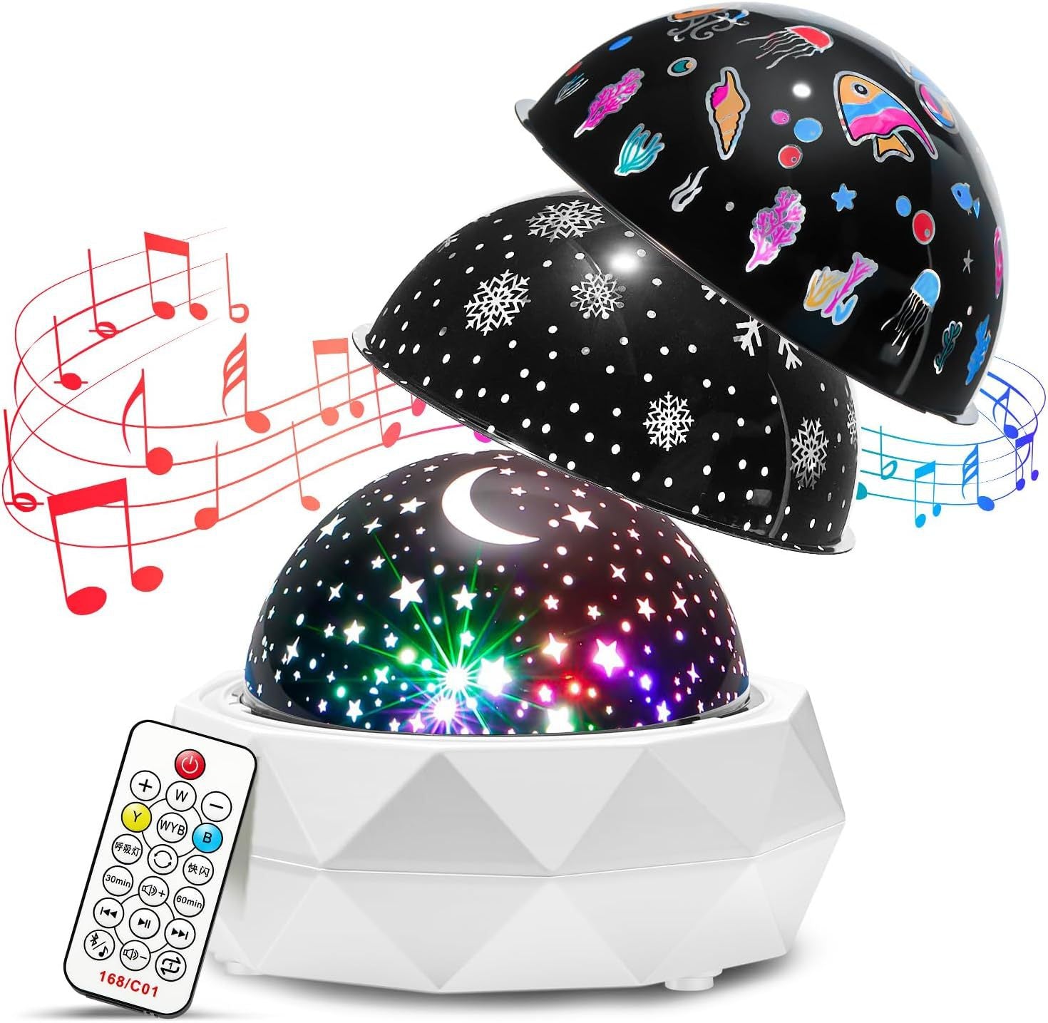 Star projector night light glowing warm in a cozy dim bedroom corner