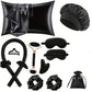 Black 12 piece set with pillowcase, bonnet, curling rod, clip, eye masks, scrunchies, face roller, gua sha and pouch