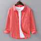 Mens cotton and linen blend long sleeve button front shirt, full front view