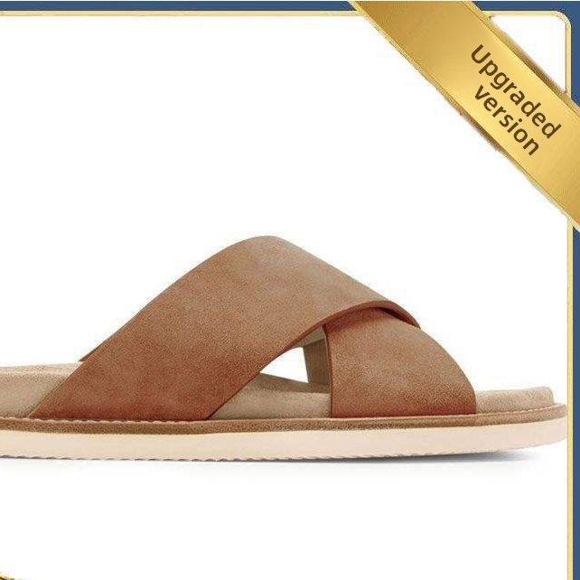 Tan suede cross-strap slide sandal close view with Upgraded version ribbon, Maroon upgraded version option, size 42