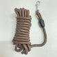 Coffee brown round nylon dog training long line with a metal snap clip and loop handle