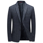 Mens plaid wool blend blazer in navy shown from the front with notch lapel