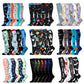 Assorted print knee high compression sport socks laid out side by side