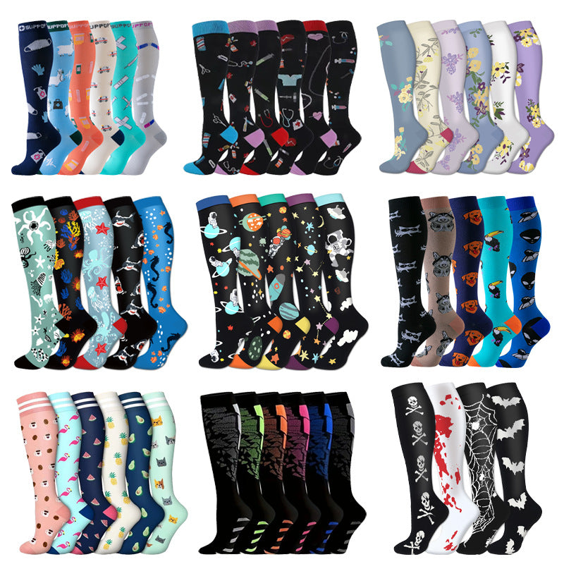 Assorted print knee high compression sport socks laid out side by side
