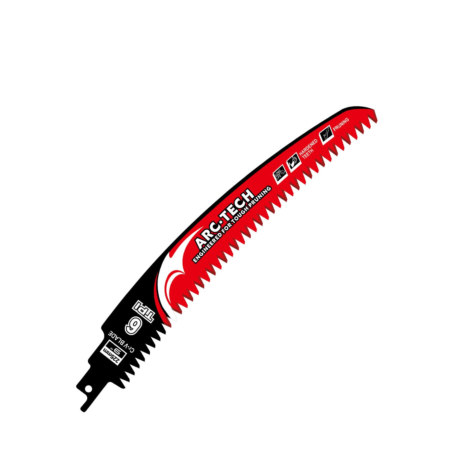 Arc reciprocating saw blade fitted to a power saw cutting through a wooden branch outdoors
