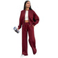 Wine red fleece zip jacket and wide-leg pants set, close detail