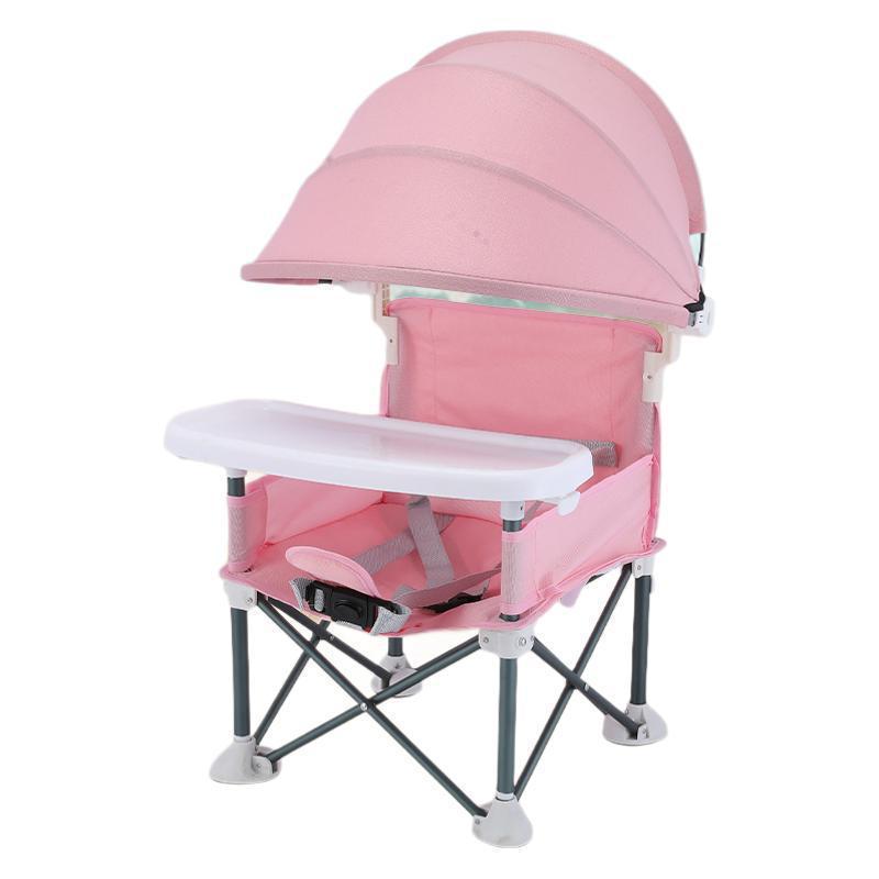 Pink folding baby feeding chair with pink canopy, white tray and metal folding frame