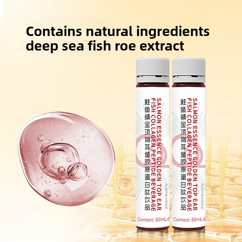Two slim fish collagen drink bottles next to a pink gel droplet on a warm amber background