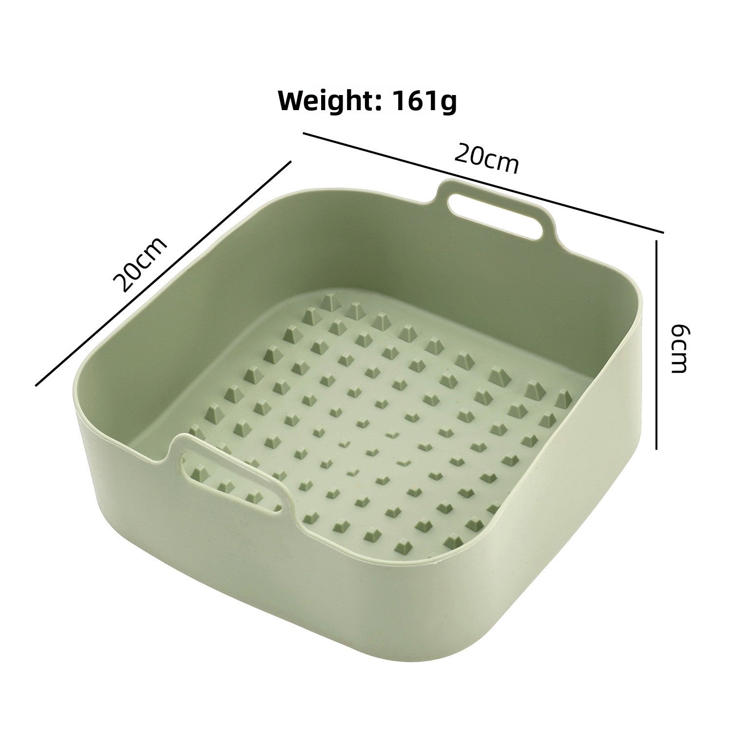 Avocado green large square silicone air fryer liner tray with a studded base, about 20 by 20 cm