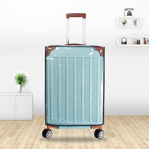 Transparent PVC luggage cover fitted over a wheeled spinner travel suitcase