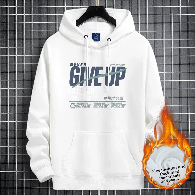 White fleece-lined hooded sweatshirt with a NEVER GIVE UP graphic and front pocket, size M option