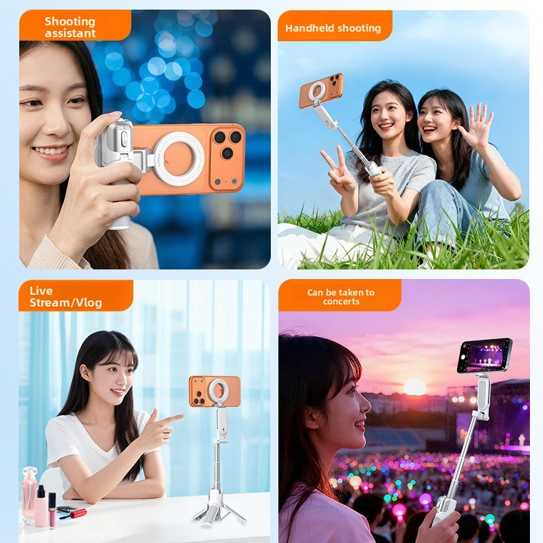 Four scenes of the magnetic palm grip used handheld, as a selfie stick, as a tripod for a live stream and at a concert