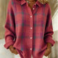Pink option photo of a raspberry pink knit cardigan with a plaid check, shirt collar, size 2XL