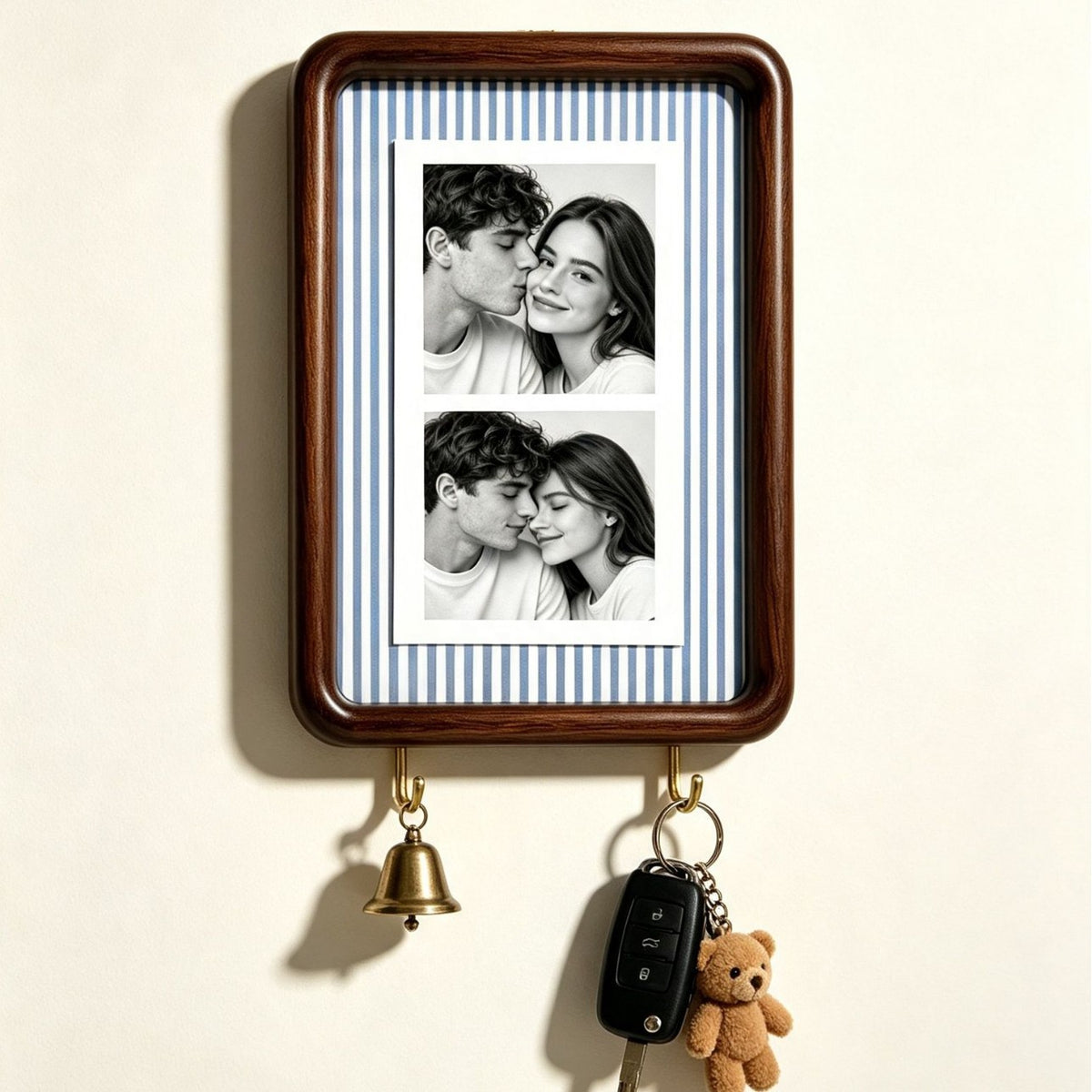 Option 8inch Hook Style 12: dark wood wall photo frame with blue and white striped backing and two key hooks