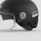 Open face half helmet shown in profile with the tinted lens down over the eyes