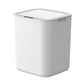 White smart trash can with a flat lid and a small sensor panel, studio front view on white