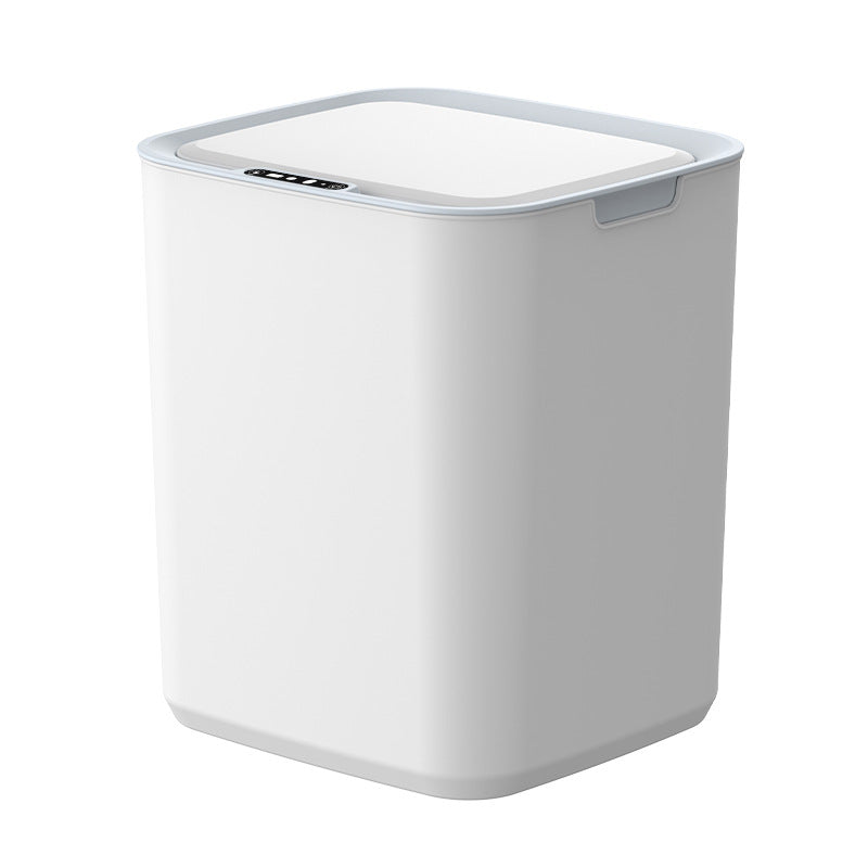 White smart trash can with a flat lid and a small sensor panel, studio front view on white