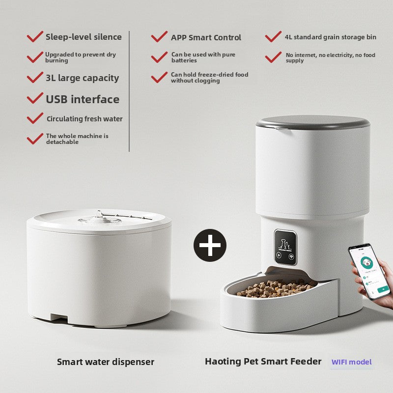 Black automatic pet feeder with clear grain bin and tray
