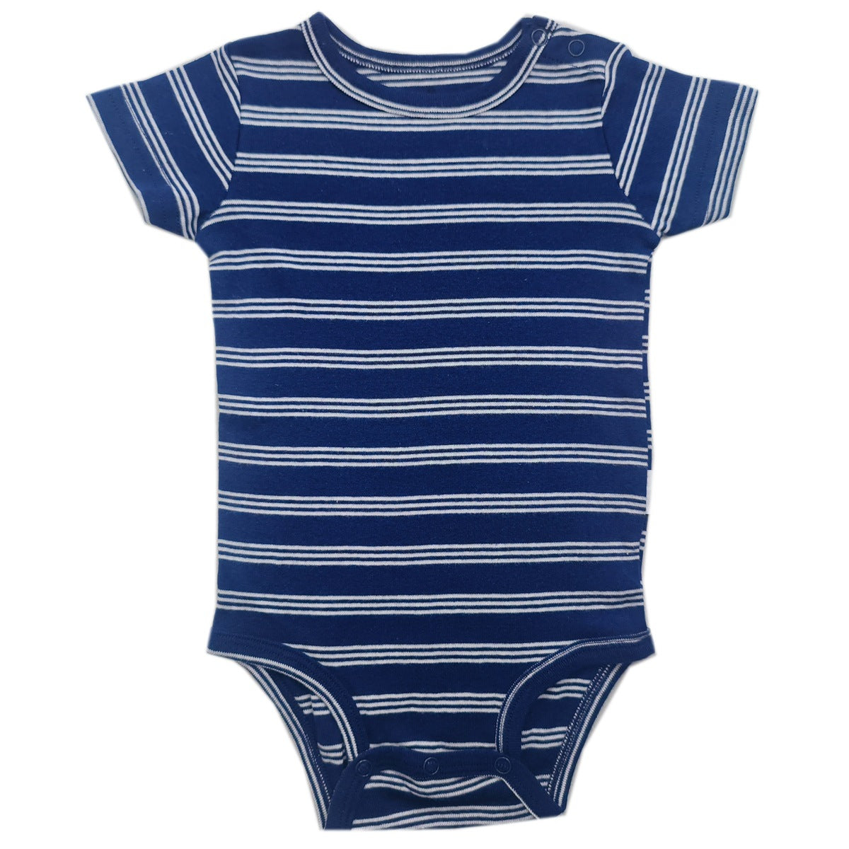 Baby short sleeve cotton bodysuit with a shoulder snap opening shown flat on a plain background