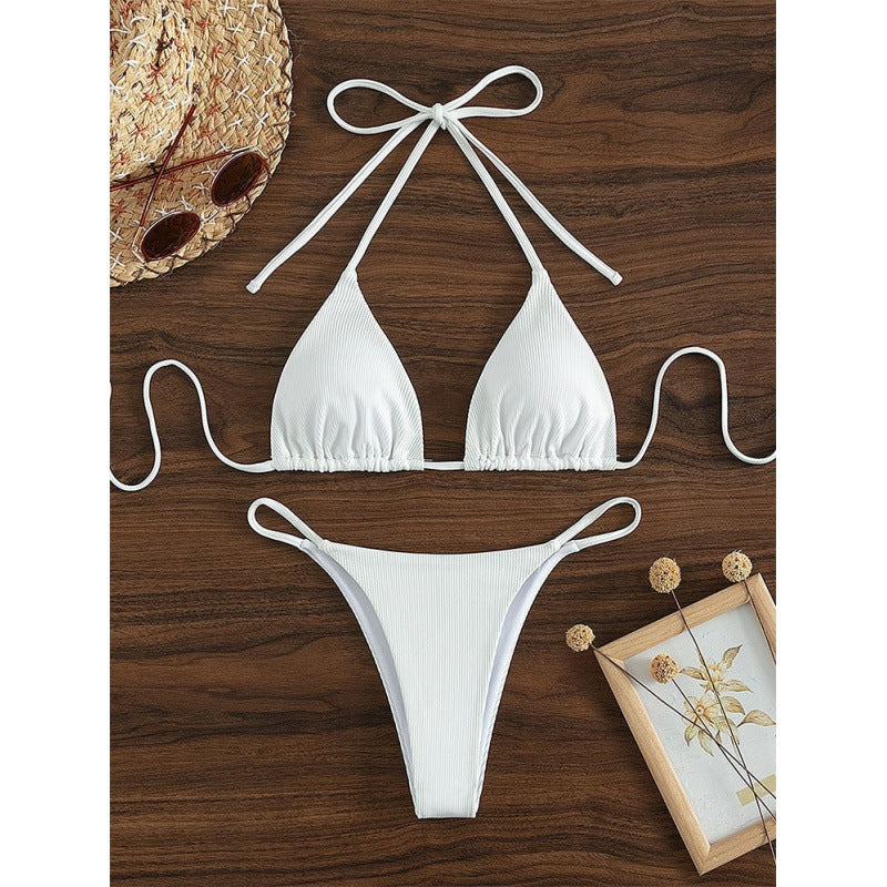 White ribbed halter triangle bikini set with tie side briefs, flat lay, size L variant