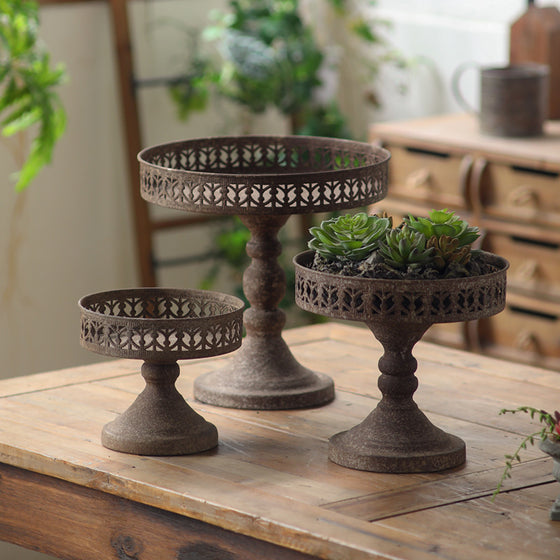 Vintage Iron Pedestal Tray Planter with Pierced Border