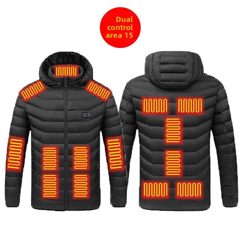 Heated hooded zip jacket showing the abdomen heating zones on the front panels