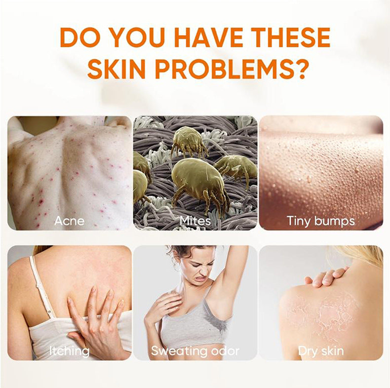 Maker panel of six close up photographs of skin and fabric under an orange heading