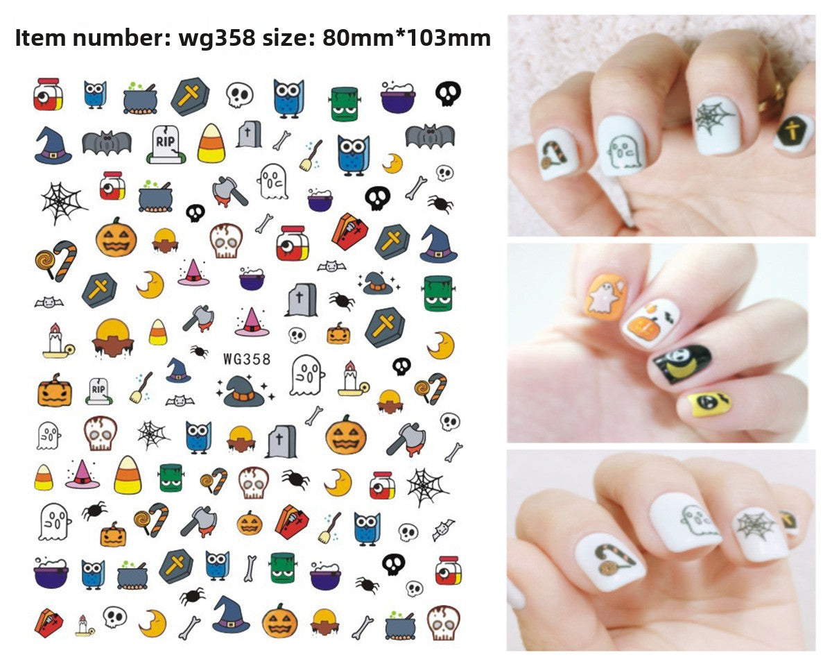 Halloween nail decals shown as a finished manicure with skulls and pumpkins