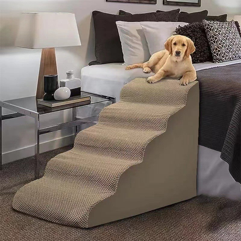 Light Brown five tier foam pet stairs by a bed with a golden retriever on top, option photo for L5 87x40x62cm