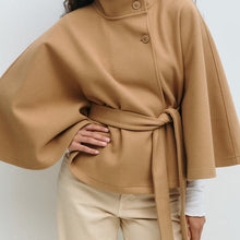 Elegant Stand Collar Belted Cape Jacket