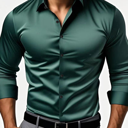 Mens slim fit long sleeve dress shirt in a solid color with a turn down collar and button front