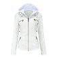 White PU leather jacket with detachable hood, size XXL option