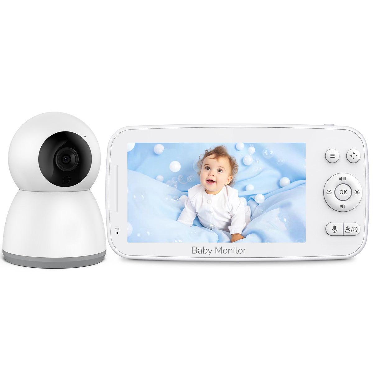 Baby monitor with a round white pan camera and a widescreen parent unit showing a smiling baby among bubbles