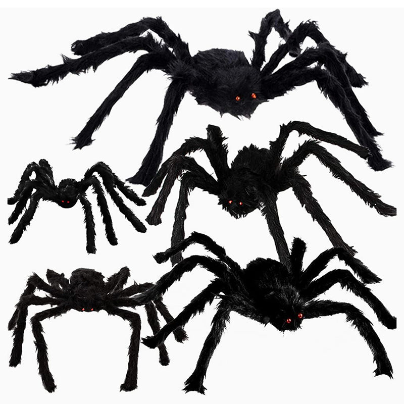 Hairy black Halloween spider prop with red eyes, flocked body and eight posable bendable legs