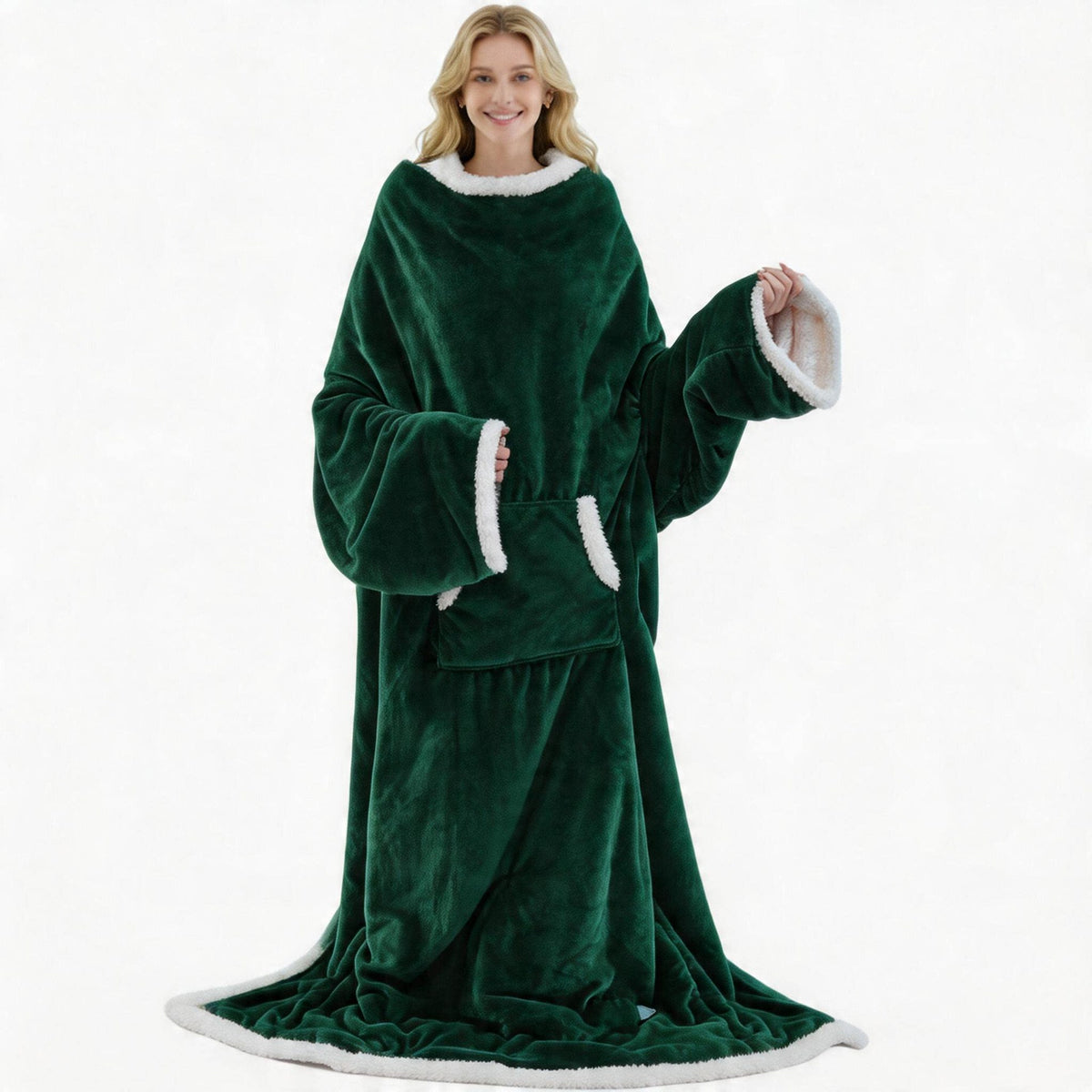 Wearable heated blanket in Dark Green flannel with sleeves, sherpa cuffs and large front pocket, Dark Green option