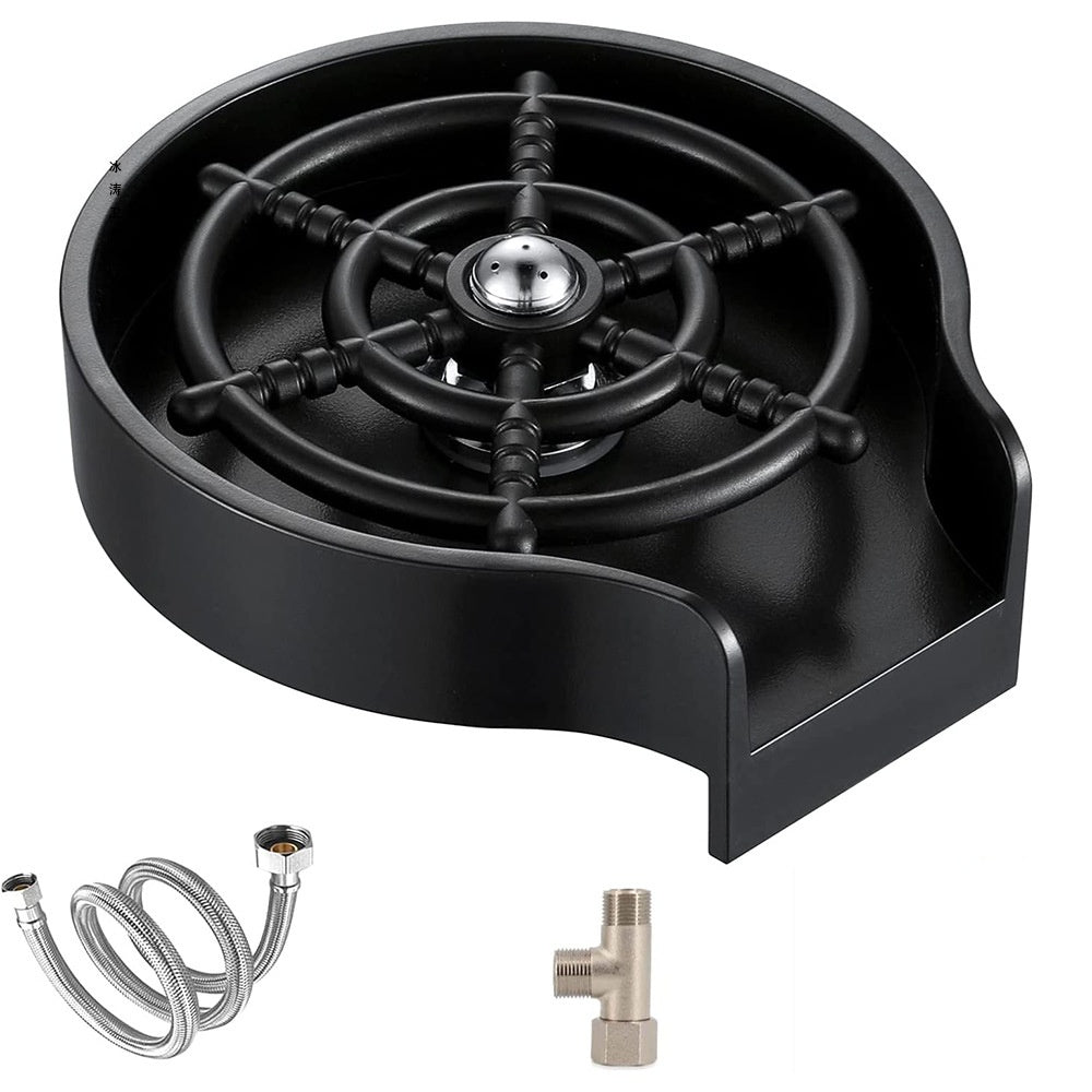 Black automatic glass rinser shown with its braided inlet hose and brass tee connector