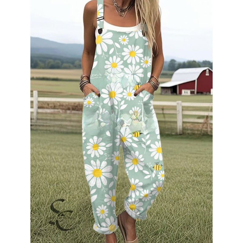 Relaxed printed jumpsuit with front pockets and tapered legs, sleeveless overall cut