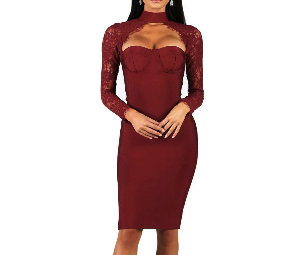 Elegant Halter Neck Lace Dress | front product view