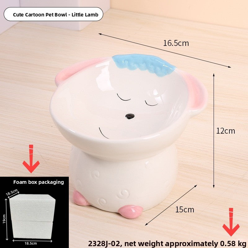 Little lamb ceramic raised pet bowl with pink ears and a blue tuft, 16.5 by 15 cm and 12 cm high