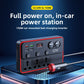 Black and red car power inverter on a lit blue platform with its plug cord, captioned 12 24V to 150W power station