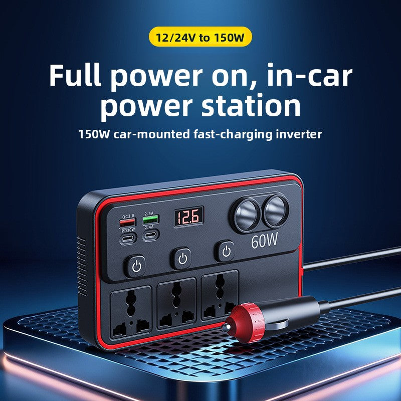 Black and red car power inverter on a lit blue platform with its plug cord, captioned 12 24V to 150W power station