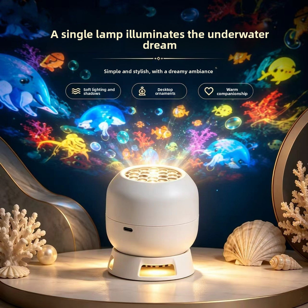 White projector light on a shelf throwing whale, jellyfish and fish patterns on a dark wall, Ocean rechargeable model
