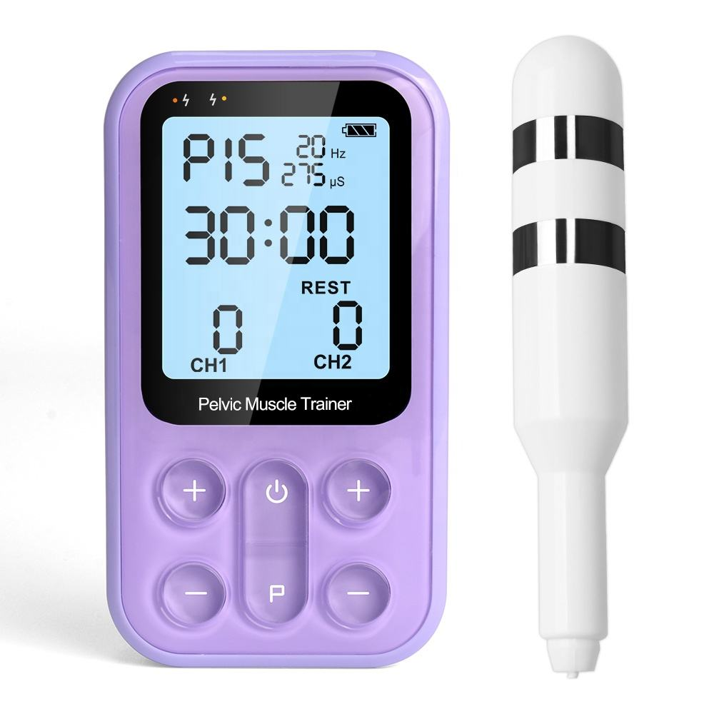 Purple handheld pelvic floor muscle trainer showing program P15 on its screen beside a white banded contact probe