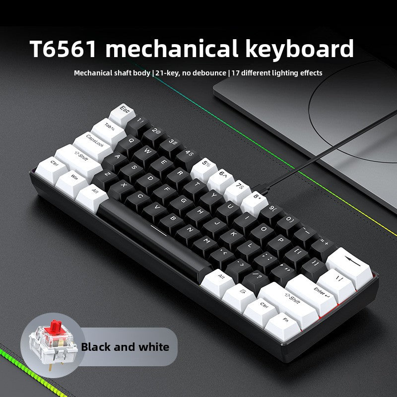 T65 black and white keycap mechanical keyboard with red switch and USB cable