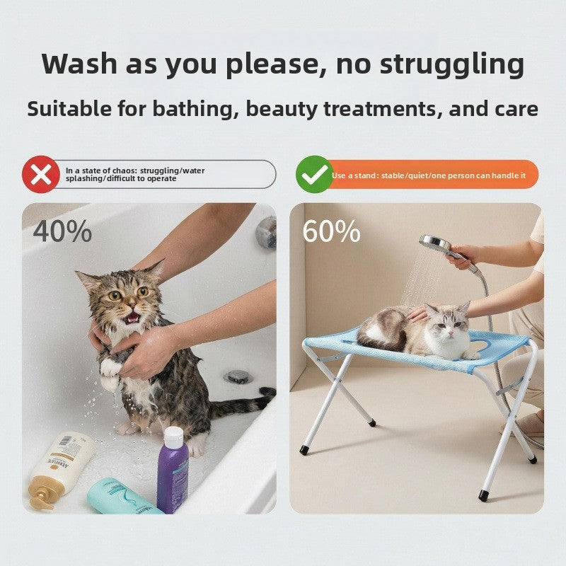 Foldable pet grooming stand, eight hole mesh top on the folding frame