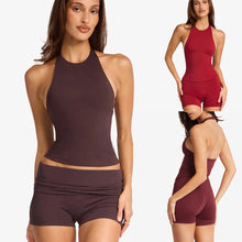 Womens Halter Neck Yoga Set with High Waist Shorts